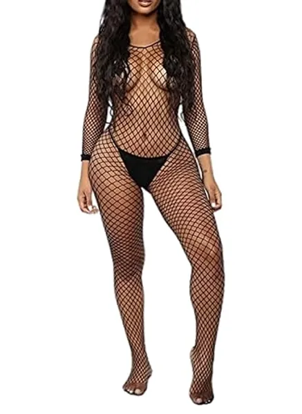 Walang Lip Women's Sexy Mesh BodyStocking Fishnet Lingerie Long Sleeve Bodysuits One Piece Jumpsuit Underwear Nightwear