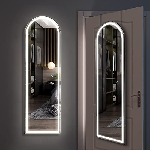 Kasibie Full Length Mirror with LED Lights, 47"x14.5" Arched Full Body Lighted Mirror, Wall Mounted Mirror, Over The Door Hanging Mirror, Leaning Against Wall Mirror, Sleek Arched Mirror (Black)
