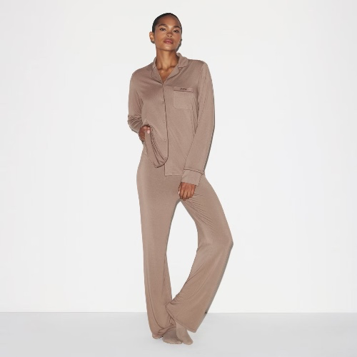 SKIMS SLEEP LONG SLEEVE BUTTON UP SET | FOSSIL | XXS