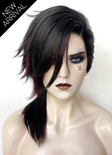League of Legends LOL Arcane Vi Black Mixed Red Straight Lace Front Synthetic Wig LF6098 | Black Mixed Red