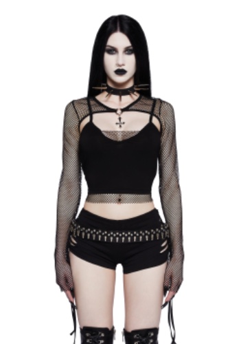 Heavy Metal Lover Fishnet Cami And Shrug Set | BLACK / Small