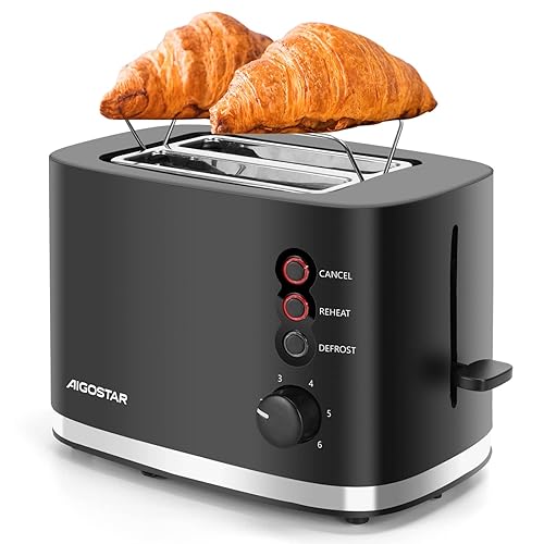 Aigostar Toaster 2 Slice 1.5" Wide Slot, 800W Black Toaster with Warming Rack, Small Low Wattage Toaster Electric for Home Travel Camping, Energy 30B3L - Black