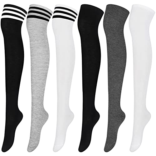 Aneco 6 Pairs Over Knee Thigh Socks Knee-High Warm Stocking Women Boot Sock Leg Warmer High Socks for Daily Wear, Cosplay - One Size - Black Series,white Series,lightgray+black,darkgray