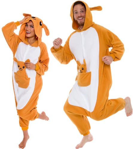 Adult Onesie Halloween Costume - Animal and Sea Creature - Plush One Piece Cosplay Suit for Adults, Women and Men FUNZIEZ! - Large Kangaroo
