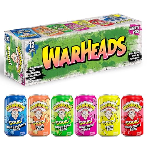 Sour Fruity Soda with Classic Warheads Flavors – Perfectly Balanced Sweet and Sour Soda - Warheads Candy Throwback Treat, Soda, Cocktail Mixer, Pack of 12, 12oz Cans (Variety Pack) - Variety Pack