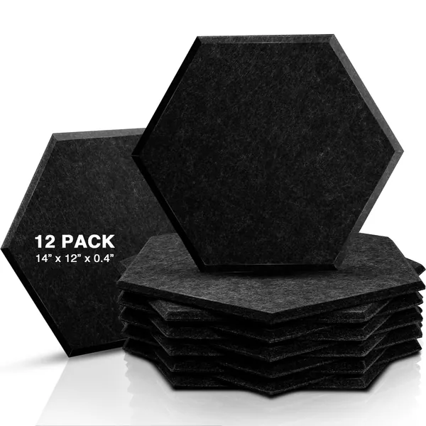 Sonic Acoustics 12 Pack Hexagon Acoustic Panels, 14" X 12" X 0.4" High Density Sound Absorbing Panels Sound proof Insulation Beveled Edge Studio Treatment Tiles (Black) - Black