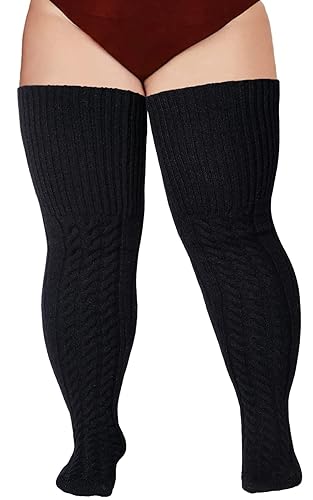 Wool Plus Size Thigh High Socks For Thick Thighs- Extra Long Womens Warm Cable Knit Over Knee Stockings Leg Warmers - One Size Plus - Black