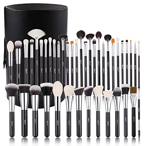 BEILI Makeup Brushes 42pcs Makeup Brush Set Premium Goat Synthetic Hair Kabuki Foundation Blending Brush Face Powder Blush Concealers Eye Shadows Make Up Brushes Kit with Case（Black） - 42pcs+Holder