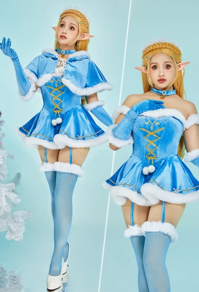 Christmas Princess Zelda Derivative Sexy Lingerie Costume Blue Bodysuit with Short Cloak Gloves Stockings