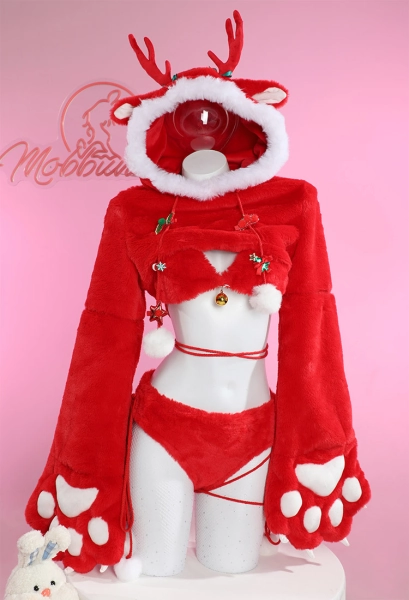 Christmas Reindeer Cosplay Costume Furry Paw Sexy Lingerie Set Plush Homewear Hoodie Gloves Bra and Panty