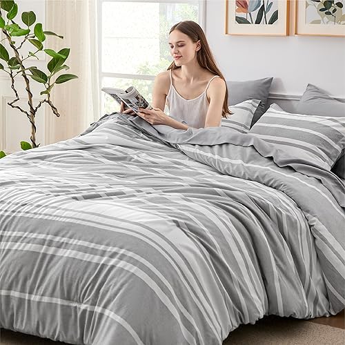 Bedsure Full Size Bed Sets 7 Pieces - Grey & White Striped Bedding All Season Comforter Set, Bed in a Bag with 1 Comforter, 2 Sheets, 2 Pillowcases & 2 Shams - 01 - Grey - Full