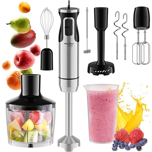MuellerLiving Immersion Hand Blender Full Set - 8 Speed Immersion Blender, Hand Mixer with 7 Attachments: Stainless Steel Blade, Whisk, Milk Frother, Beater, Mixing Hooks, Potato Masher, Chopper Bowl - Blender Stick 7 Accessories