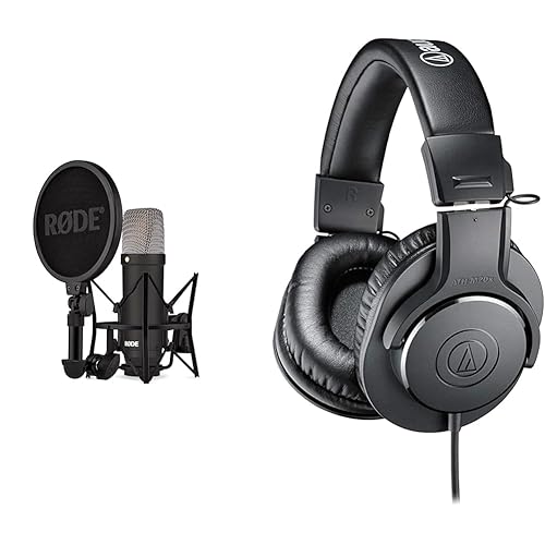 RØDE NT1 Signature Series Condenser Microphone Bundle with SM6 Shockmount, Pop Filter, Audio-Technica ATH-M20X Studio Monitor Headphones - Black - NT1 Signature Series + Headphones, Black
