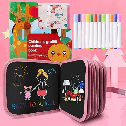 Felly Juegos de Pintura para Niños, Tabla de Dibujo Portátil Graffiti Libros Blandos de Pizarra Juguetes para Educación Preescolar Bebés Niña 2-10 Años, Doodle Juego Infantil, 14 Páginas - Rosa