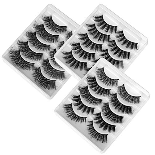 Pestañas Postizas de Pelo Artificial 3D Mixtas 15 Pares Multipack, Tiras Completas, Natural Pestañas Falsa Largas Gruesas Maquillaje de Ojos para Fiesta de Boda, 5 Estilos