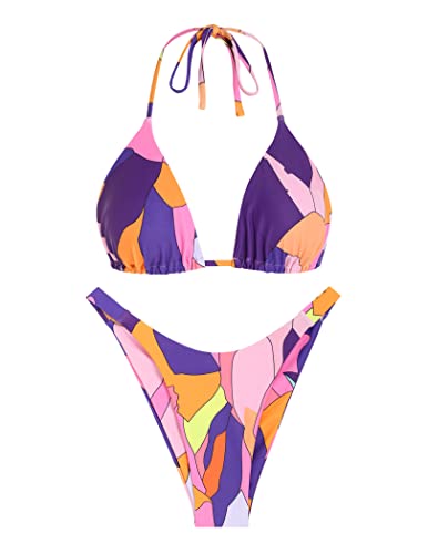 ZAFUL Women's Sexy Two Piece Bikini Sets Triangle High Cut Thong Bathing Suit Color Block Cami Padded Halter Swimsuits - Bmulti - Small