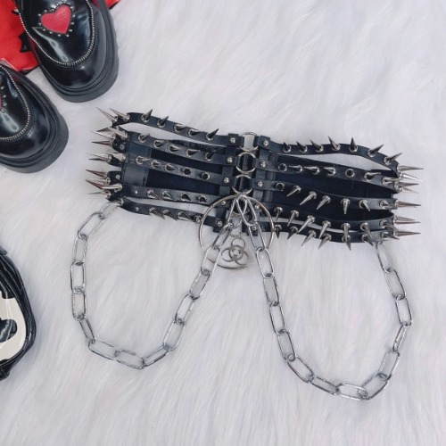 [$31.08]Black Gothic Punk Studs Corset Belt with Chains