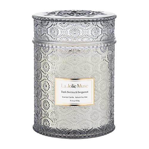 LA JOLIE MUSE Dark Berries & Bergamot Scented Candle, Large Glass Jar Candle, Candle Gift, Natural Soy Candle for Home, 90 Hours Long Burning Time, 19.4 Oz - Dark Berries & Bergamot