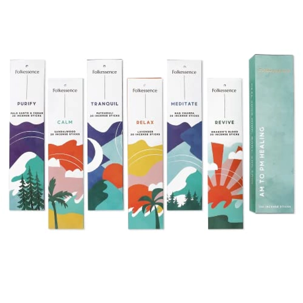 Folkulture Incense Sticks - Set of 6 Insenses (120 Sticks) for AM to PM Healing - Lavender, Palo Santo and Cedar, Dragon's Blood, Patchouli, Sandalwood, Nag Champa - Boho Gift Set