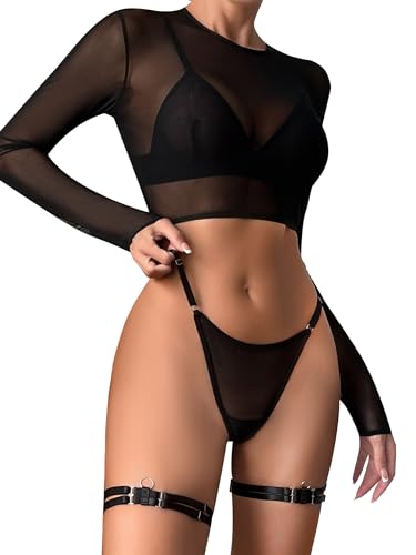 popiv Women 4 Piece Sexy Mesh Lingerie Set Rave Outfits Long Sleeve Crop Tops Bra and Panty Sets - Large - Black