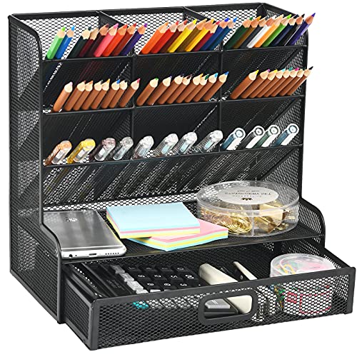 Marbrasse Mesh Desk/ Desktop Stationary Organizer, Multi-Functional Pen Holder, Storage Rack for School Home Office Art Supplies (Black Mesh Pen Holder with Drawer) - Balck Mesh Pen Holder with Drawer