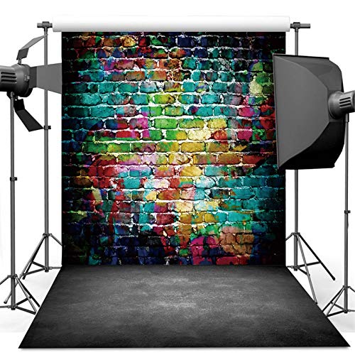 Dudaacvt Graffiti Photography Backdrop, 5x7 ft Colorful Brick Wall Vintage Cement Floor Backdrop for Studio Props Photo Background - 5x7ft