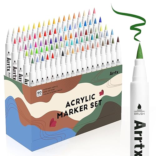 Arrtx 90 Colors Paint Markers Paint Pens, Acrylic Paint Pens for Artists Adults Coloring Drawing - Extra Brush Tip for Rock Painting, Wood, Canvas, DIY Crafts Making Art Supplies - 90A Regular Color