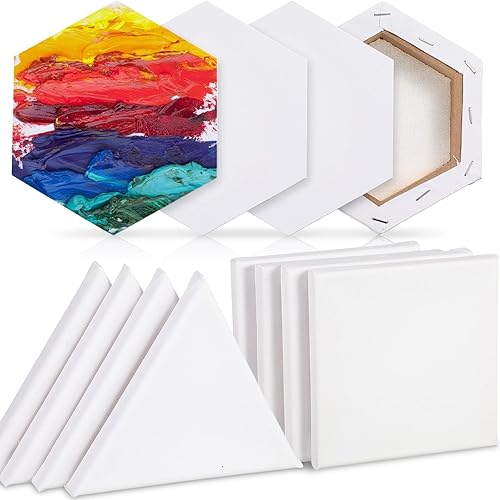 Chinco 12 Pieces Stretched Painting Canvas Side Length Blank Canvas Triangle Square Hexagon Shape Fabric Canvas Panels Boards Art Supplies for Painting Acrylic Pouring Artist Painters(6 Inch) - 6 Inch