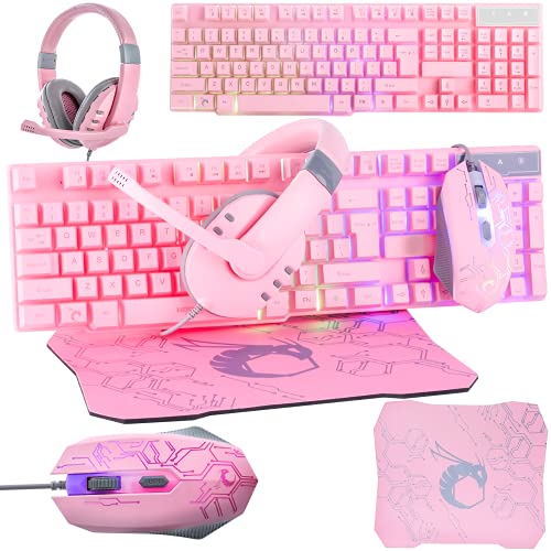 Pink Gaming Keyboard and Mouse Headset Headphones and Mouse pad, Wired LED RGB Backlight Bundle Pink PC Accessories for Gamers and Xbox and PS4 PS5 Nintendo Switch Users - 4in1 Edition Hornet RX-250 - Pink