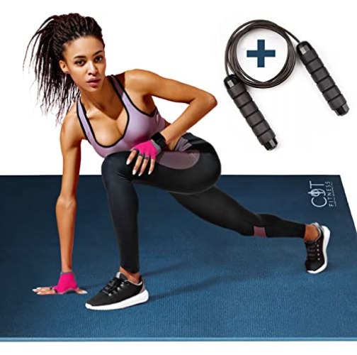 Large Jump Rope Mat 8mm Thick 55"x36" Outdoor & Indoor with Kinetic Response Technology – Portable, Non-Slip, Work Out Mat with 1 Strap for Storage & a Unisex Adjustable Jump Rope Weighted