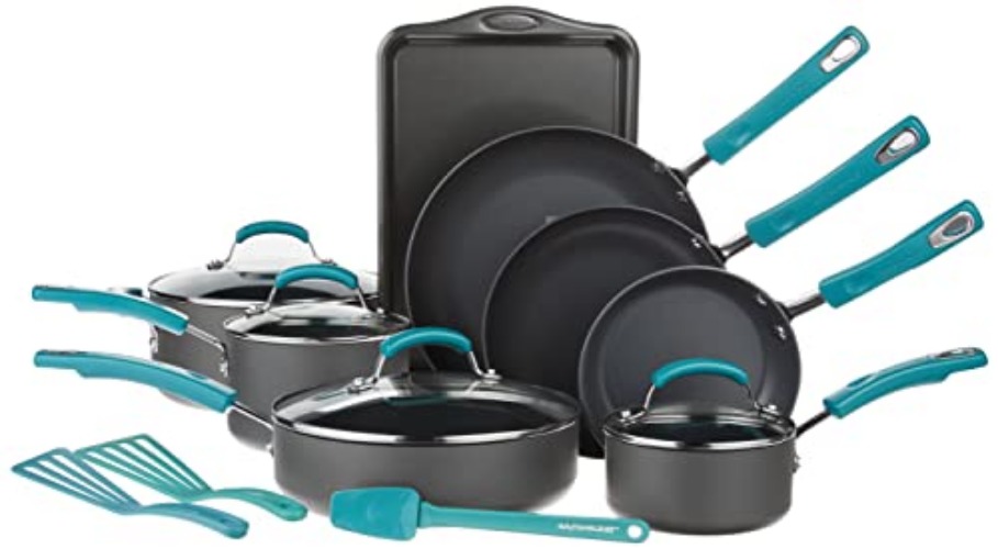 Rachael Ray Classic Brights Hard Anodized Nonstick Cookware Pots and Pans Set, 15 Piece - Agave Blue - Agave Blue Handles - 15 Piece - Cookware Set