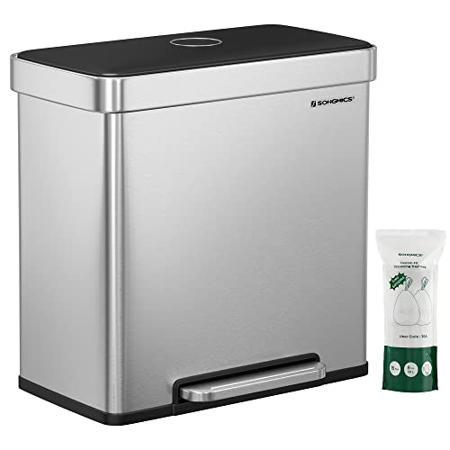 SONGMICS Kitchen Bin, 2 x 30L Stainless Steel Pedal Rubbish Bin with 15 Trash Bags, Recycling and Waste, with Plastic Inner Buckets, Lid, Soft Closure, 58 x 31.5 x 59 cm, Silver LTB202E01 - Silver