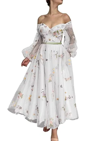 UZN Women's Puffy Sleeve Tulle Prom Dresses Tea Length Pink Flower Lace Formal Evening Gowns