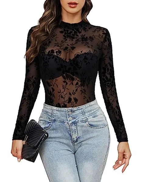 GAMISS Mesh Tops for Women Long Sleeve Mock Neck Fitted Top Solid & Floral Tee Shirts S-XXL