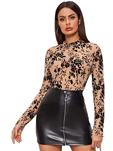 SweatyRocks Women's Long Sleeeve Mesh Shirt Floral Sheer See Through Top Blouse