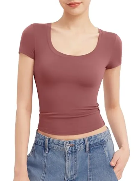 PUMIEY Women's T Shirts Short Sleeve Scoop Neck Basic Going Out Tops Fashion Slim Fit Tee Smoke Cloud Pro Collection
