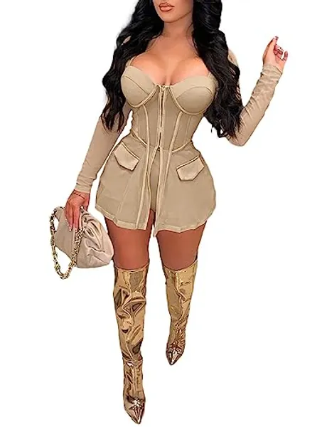Yuopeid Women's Pullover 2 Piece Sets Sexy Mesh Long Sleeve Zipper Up Patchwork Top Bodycon Shorts Matching Outfits