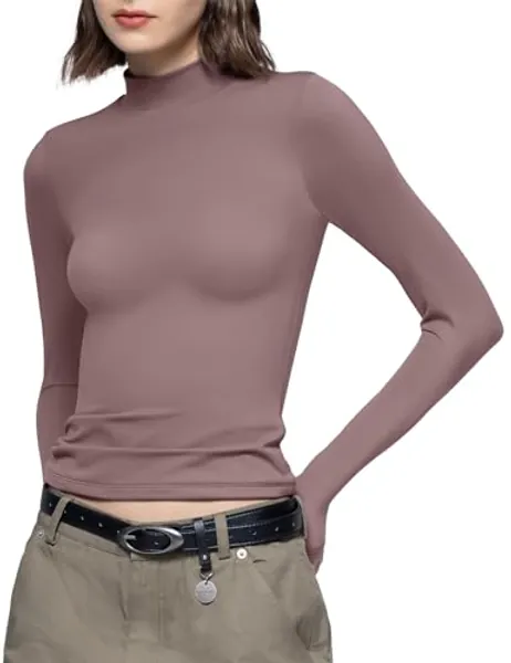 PUMIEY Women's Long Sleeve T Shirts Mock Turtleneck Slim Fit Tops Sexy Basic Tee Smoke Cloud Pro Collection