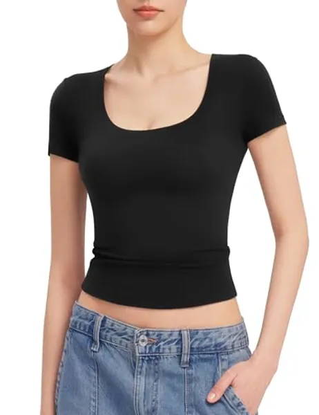 PUMIEY Women's T Shirts Short Sleeve Scoop Neck Basic Going Out Tops Fashion Slim Fit Tee Smoke Cloud Pro Collection