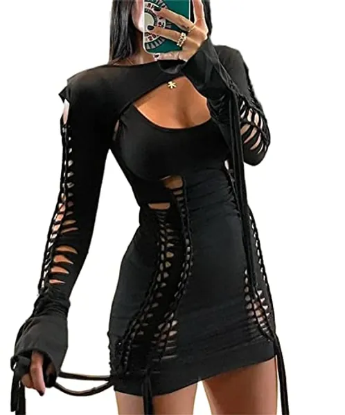 Cut Out Mini Dress for Women Sexy Lace Up Long Sleeve Bandage Bodycon Dresses Party Club Night
