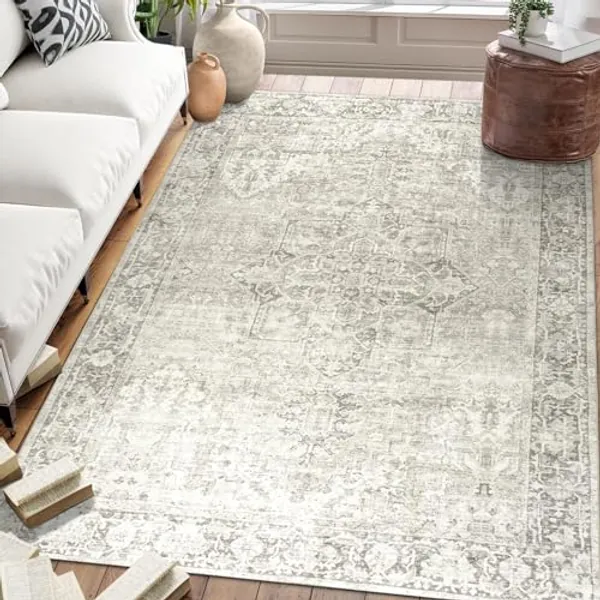 ReaLife Machine Washable Area Rug - Living Room Bedroom Bathroom Kitchen Entryway Office - Padded Low Pile Stain Resistant Premium - Boho Farmhouse Vintage - Lyle - Beige Ivory 7'6" x 9'6"