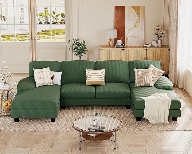 JUMMICO Sectional Couches for Living Room, U Shaped Couch with Chenille Fabric, 4 Seat Modern Sofa with Removable Pillows for Apartment and Small Space (Corduroy, Light Green) - Light Green