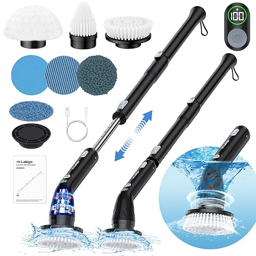 LABIGO Electric Spin Scrubber LA4 Pro, Dual Speed Bathroom Scrubber with Display & 6 Replacement Cleaning Heads, Cordless Power Scrubber with Adjustable & Detachable Handle for Bathroom Floor Tile - Pure Black