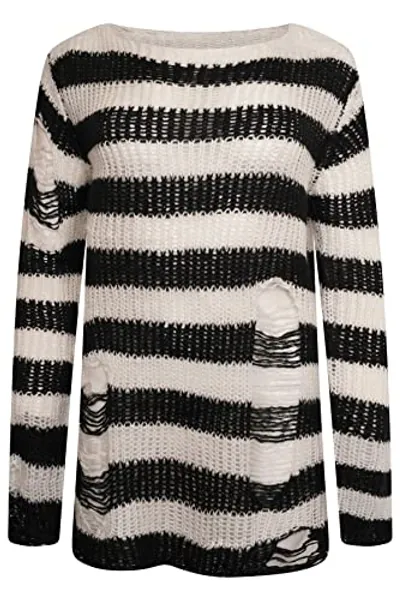 Ro Rox Gothic Knitted Jumper with Distressed Look - Oversized Pullover with Ripped Design, Long Sleeves, Loose Fit, 90s Grunge Style Stripe Pattern