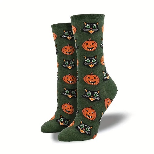 Cats and Pumpkins from the Sock Panda (Adult Medium - Women's Shoe Sizes 5-10) - Green