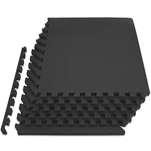 Fit Exercise Mat EVA Foam Interlocking Tiles Protective and Cushion Flooring for Gym Equipment, Exercise and Play Area - Black - 3/4 Inch - 24 Sq Ft - 6 Tiles