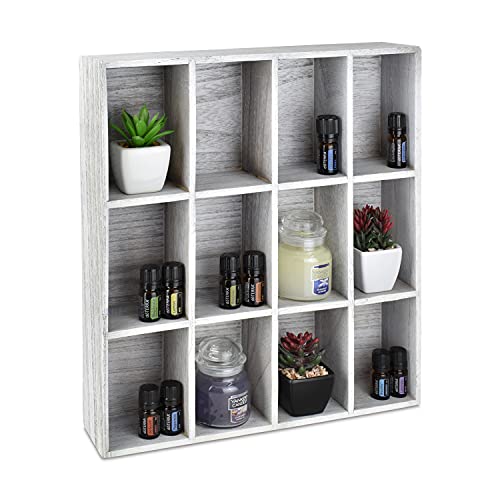 Ikee Design Wall Mounted Wooden Mountable 12 Compartments Holder Display Shelf, Wood Collection Wall Display Shelves, Shadow Box Rack, 15.4”W x 3 ”D x 14.2”H, Grey Color - Grey
