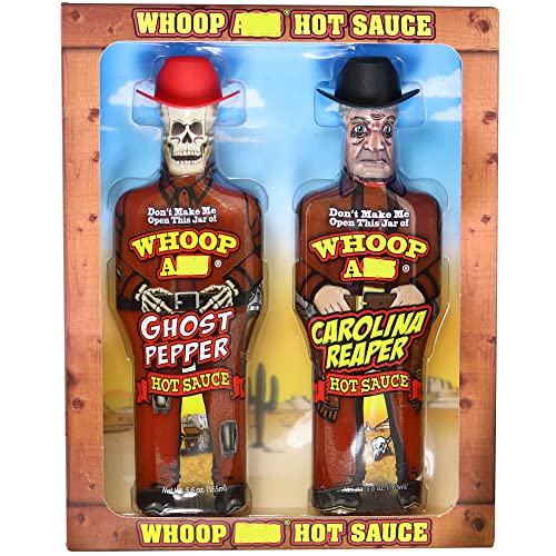 WHOOP Premium Cowboy Ghost Pepper Hot Sauce and Carolina Reaper - Packaged in Collectible Figurine Bottles – Perfect for Chicken Wings or a Gift