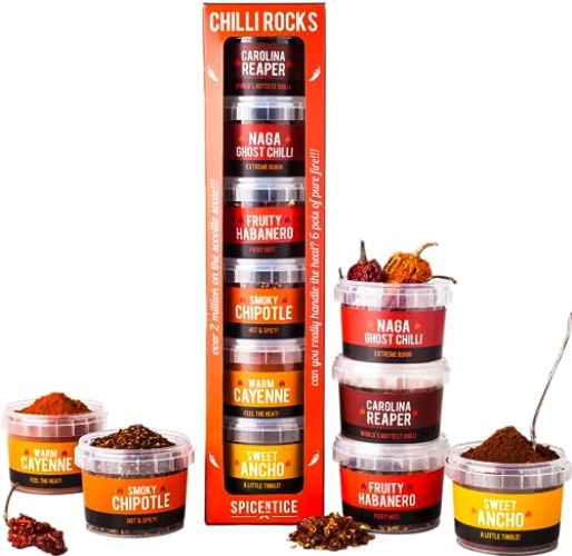 Spicentice Hot Chilli Pepper Set - 6 Chilli Pots of 100% Pure Premium Natural Whole, Flakes & Ground Chillies - Includes Carolina Reaper & Naga Ghost - Ideal Father's Day Chilli Spice Gift