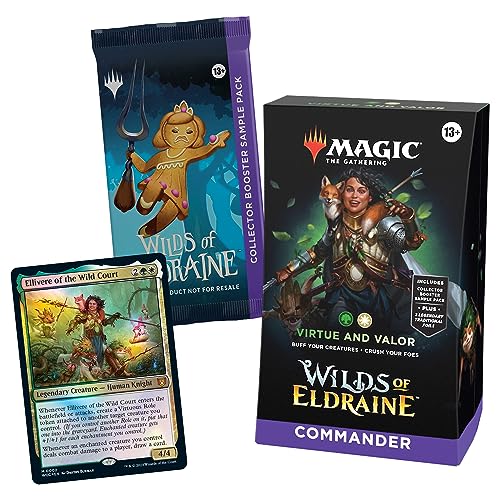 Magic: The Gathering Wilds of Eldraine Commander Deck - Virtue and Valor (100-Card Deck, 2-Card Collector Booster Sample Pack + Accessories) - Classic